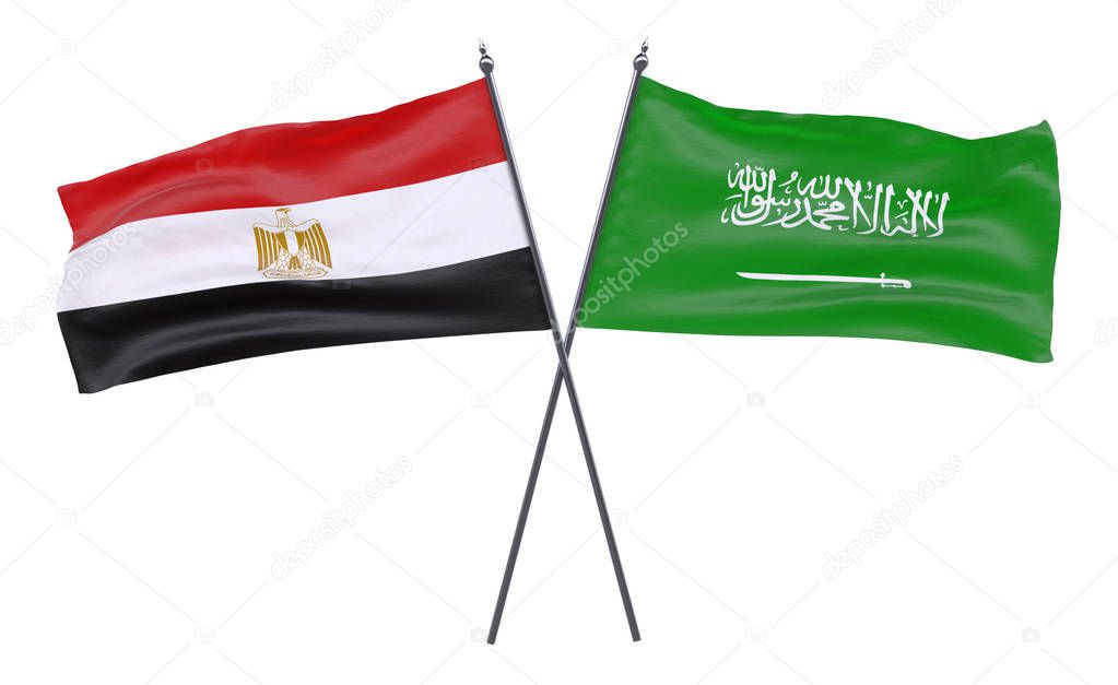 Egypt and Saudi Arabia, two crossed flags isolated on white background. 3d image