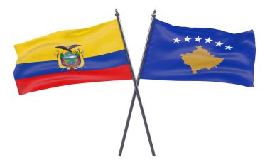 Ekvador ve Kosova, iki beyaz arka plan üzerinde izole bayrakları geçti. 3D görüntü