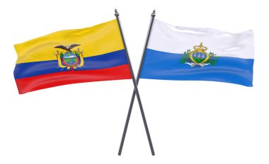 Ekvador ve San Marino, iki beyaz arka plan üzerinde izole bayrakları geçti. 3D görüntü