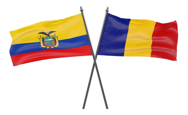 Ecuador Romania Due Bandiere Incrociate Isolate Sfondo Bianco Immagine — Foto Stock