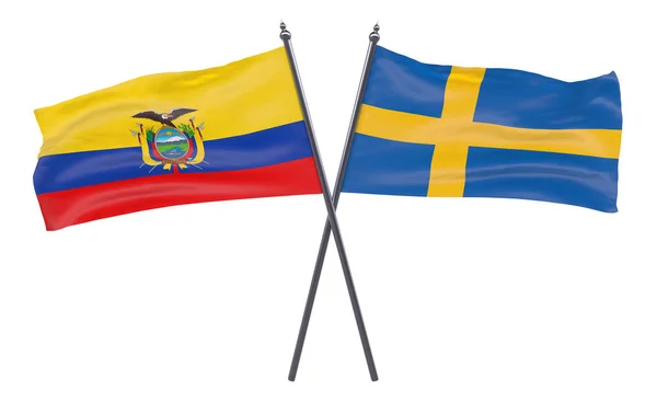 Ecuador Svezia Due Bandiere Incrociate Isolate Sfondo Bianco Immagine — Foto Stock