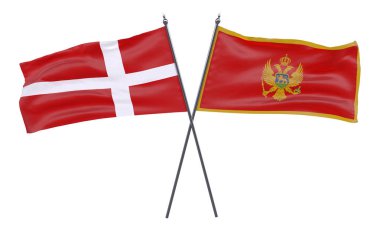 Danimarka ve Karadağ, iki beyaz arka plan üzerinde izole bayrakları geçti. 3D görüntü