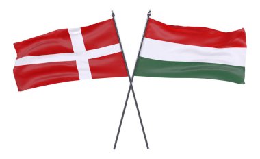 Danimarka ve Macaristan, iki beyaz arka plan üzerinde izole bayrakları geçti. 3D görüntü