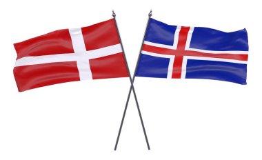 Danimarka ve İzlanda, iki beyaz arka plan üzerinde izole bayrakları geçti. 3D görüntü