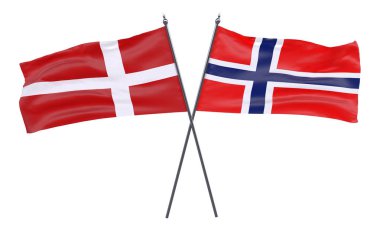 Danimarka ve Norveç'te, iki beyaz arka plan üzerinde izole bayrakları geçti. 3D görüntü