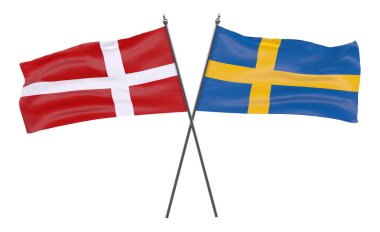 Danimarka ve İsveç, iki beyaz arka plan üzerinde izole bayrakları geçti. 3D görüntü