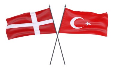 Danimarka ve Türkiye, iki beyaz arka plan üzerinde izole bayrakları geçti. 3D görüntü