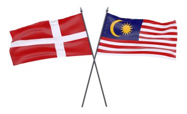 Danimarka ve Malezya, iki beyaz arka plan üzerinde izole bayrakları geçti. 3D görüntü