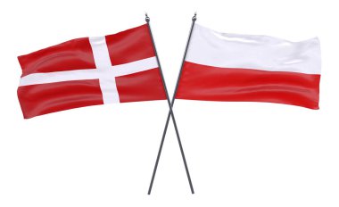 Danimarka ve Polonya, iki beyaz arka plan üzerinde izole bayrakları geçti. 3D görüntü