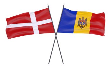 Danimarka ve Moldova, iki beyaz arka plan üzerinde izole bayrakları geçti. 3D görüntü
