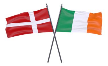 Danimarka ve İrlanda, iki beyaz arka plan üzerinde izole bayrakları geçti. 3D görüntü