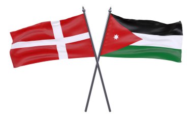 Danimarka ve Jordan, iki beyaz arka plan üzerinde izole bayrakları geçti. 3D görüntü