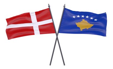 Danimarka ve Kosova, iki beyaz arka plan üzerinde izole bayrakları geçti. 3D görüntü
