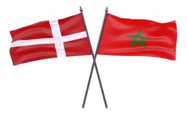 Danimarka ve Fas, iki beyaz arka plan üzerinde izole bayrakları geçti. 3D görüntü