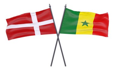 Danimarka ve Senegal, iki beyaz arka plan üzerinde izole bayrakları geçti. 3D görüntü