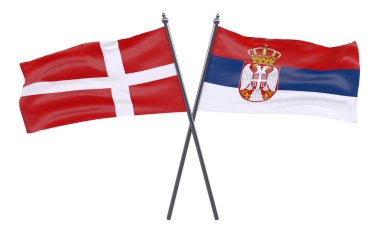 Danimarka ve Sırbistan, iki beyaz arka plan üzerinde izole bayrakları geçti. 3D görüntü