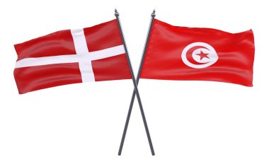 Danimarka ve Tunus, iki beyaz arka plan üzerinde izole bayrakları geçti. 3D görüntü