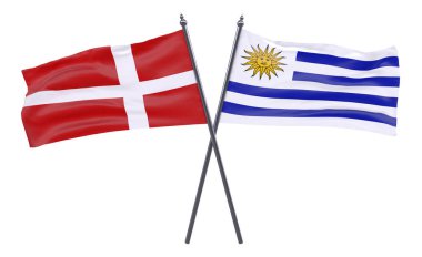 Danimarka ve Uruguay, iki beyaz arka plan üzerinde izole bayrakları geçti. 3D görüntü