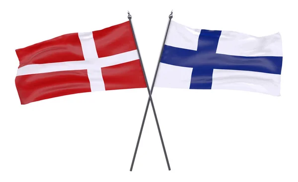 Denemarken Finland Twee Gekruiste Vlaggen Geïsoleerd Een Witte Achtergrond Afbeelding — Stockfoto