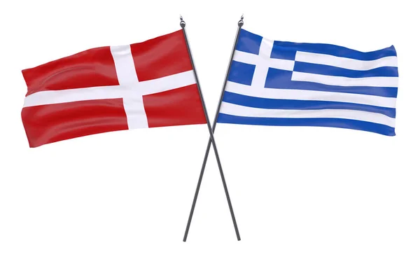 丹麦和希腊两个交叉的旗帜在白色背景下被隔离 — 图库照片