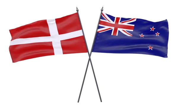 丹麦和新西兰两个交叉的旗帜在白色背景下被隔离 — 图库照片