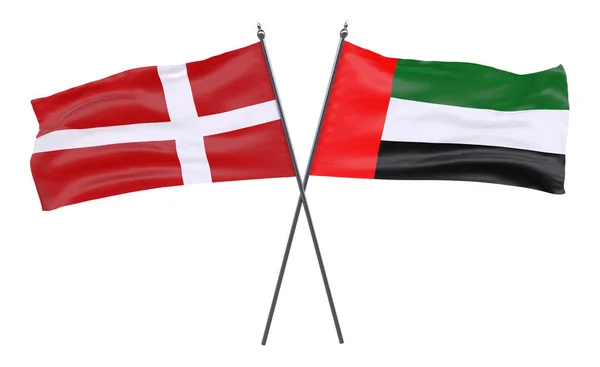 Dinamarca Emirados Árabes Unidos Duas Bandeiras Cruzadas Isoladas Fundo Branco — Fotografia de Stock