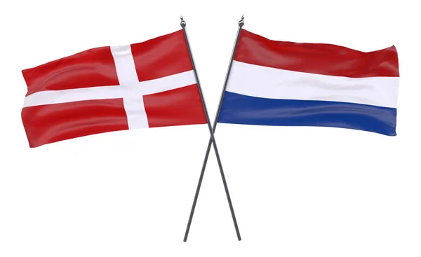 丹麦和荷兰两个交叉的旗帜在白色背景下被隔离 — 图库照片