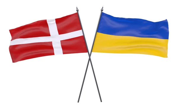 Danimarka ve Ukrayna, iki beyaz arka plan üzerinde izole bayrakları geçti. 3D görüntü