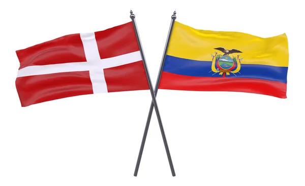 Denemarken Ecuador Twee Gekruiste Vlaggen Geïsoleerd Een Witte Achtergrond Afbeelding — Stockfoto