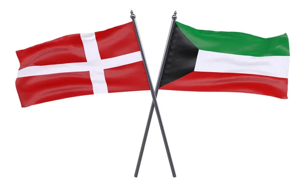 Dänemark Und Kuwait Zwei Gekreuzte Flaggen Auf Weißem Hintergrund Bild — Stockfoto