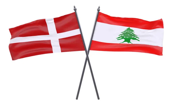 Данія Ліван Два Перетнув Прапори Ізольовані Білому Тлі Зображення — стокове фото