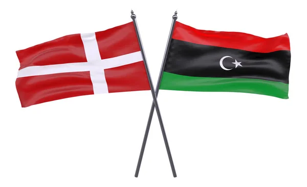 Данія Лівії Два Перетнув Прапори Ізольовані Білому Тлі Зображення — стокове фото