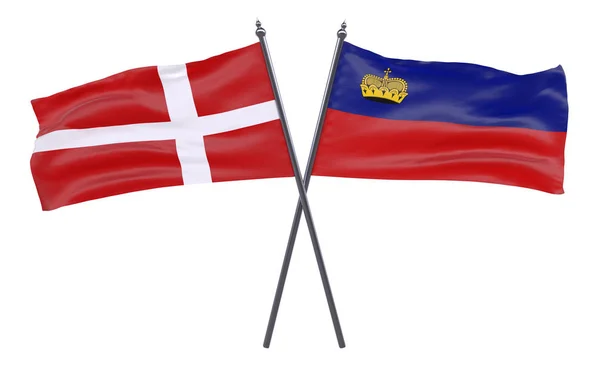 Dánsko Lichtenštejnska Dva Překřížené Příznaky Izolované Bílém Pozadí Obrázek — Stock fotografie