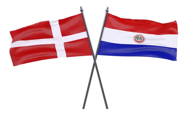 Dinamarca Paraguai Duas Bandeiras Cruzadas Isoladas Fundo Branco Imagem — Fotografia de Stock