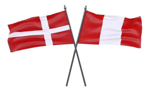 Dinamarca Peru Duas Bandeiras Cruzadas Isoladas Fundo Branco Imagem — Fotografia de Stock