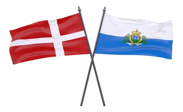 Dinamarca San Marino Duas Bandeiras Cruzadas Isoladas Fundo Branco Imagem — Fotografia de Stock