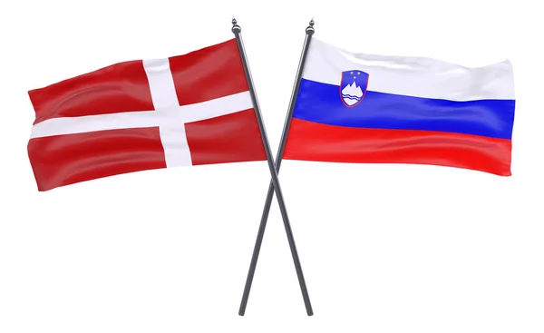 Dinamarca Eslovénia Duas Bandeiras Cruzadas Isoladas Sobre Fundo Branco Imagem — Fotografia de Stock
