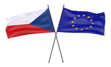 Çek Cumhuriyeti ve Avrupa Birliği, iki beyaz arka plan üzerinde izole bayrakları geçti. 3D görüntü