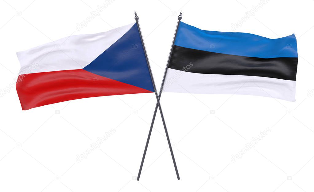 Czech Republic and Estonia, two crossed flags isolated on white background. 3d image