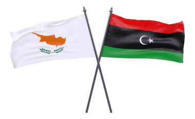  Libya ve Kıbrıs, iki beyaz arka plan üzerinde izole bayrakları geçti. 3D görüntü