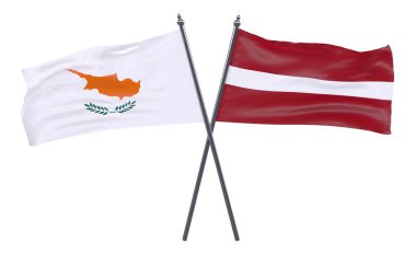  Letonya ve Kıbrıs, iki beyaz arka plan üzerinde izole bayrakları geçti. 3D görüntü