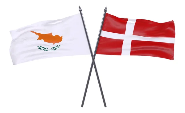 Dänemark Und Zypern Zwei Gekreuzte Flaggen Isoliert Auf Weißem Hintergrund — Stockfoto