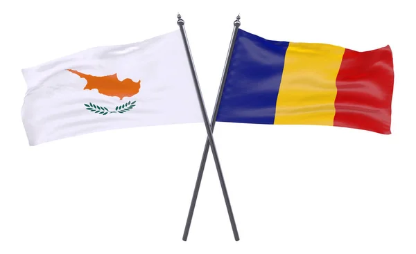 Ρουμανία Και Κύπρο Δύο Διέσχισε Σημαίες Που Απομονώνονται Λευκό Φόντο — Φωτογραφία Αρχείου