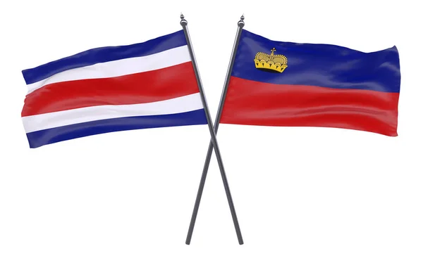 Liechtenstein Costa Rica Duas Bandeiras Cruzadas Isoladas Fundo Branco — Fotografia de Stock