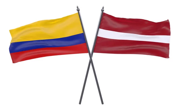 Lettland Und Kolumbien Zwei Gekreuzte Flaggen Auf Weißem Hintergrund — Stockfoto