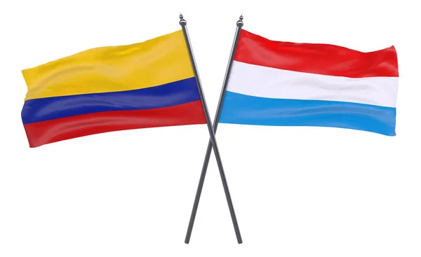 Λουξεμβούργο Και Της Κολομβίας Δύο Διέσχισε Σημαίες Που Απομονώνονται Λευκό — Φωτογραφία Αρχείου