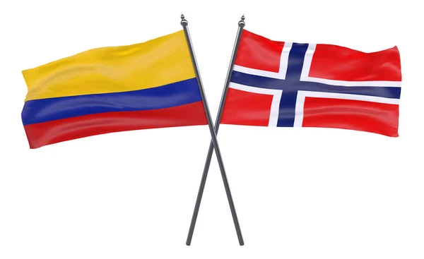 Noorwegen Colombia Twee Gekruiste Vlaggen Geïsoleerd Witte Achtergrond — Stockfoto
