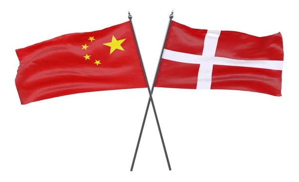 China Denmark Duas Bandeiras Cruzadas Isoladas Fundo Branco — Fotografia de Stock
