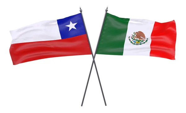 智利和墨西哥 两个交叉的旗帜在白色背景下被隔离 — 图库照片