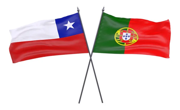 Şili Portekiz Iki Beyaz Arka Plan Üzerinde Izole Bayrakları Geçti — Stok fotoğraf